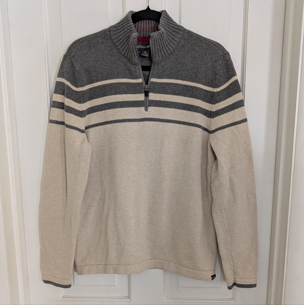 Eddie Bauer Men's 1/4 Zip Sweater MEDIUM Preppy‎  Stripes Cotton Outdoor Oatmeal